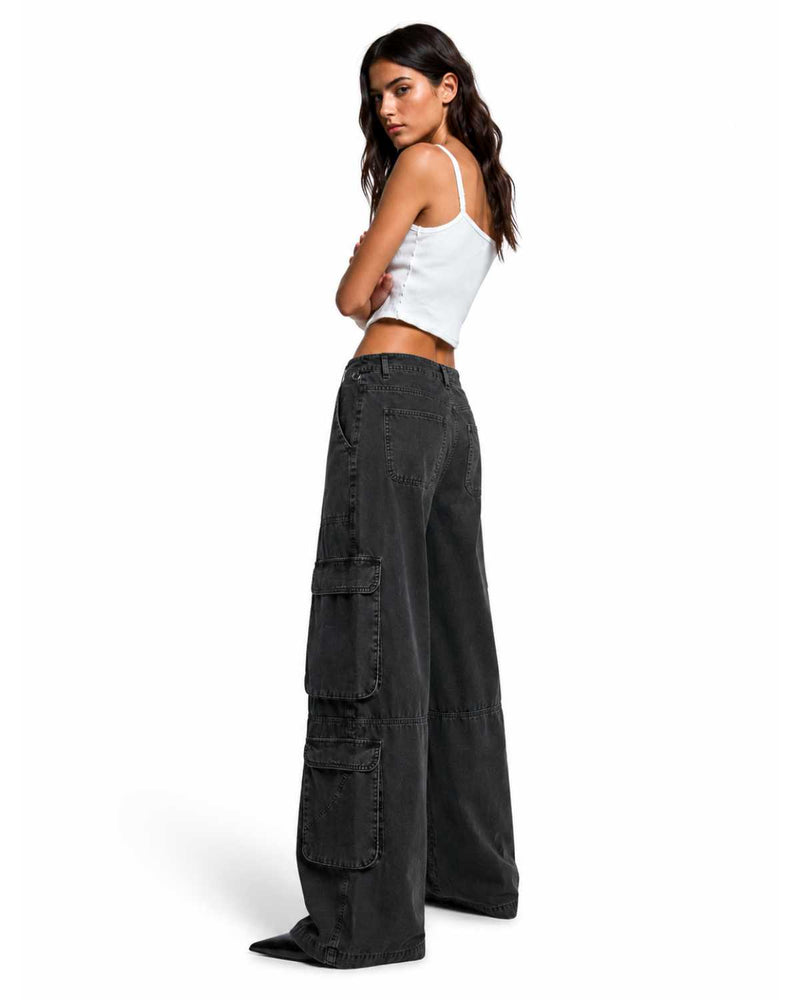 Eizaro Baggy Cargo Jeans Side Full Length - Multiple Pockets Dark Denim Women