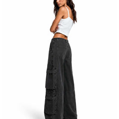 Eizaro Baggy Cargo Jeans Side Full Length - Multiple Pockets Dark Denim Women