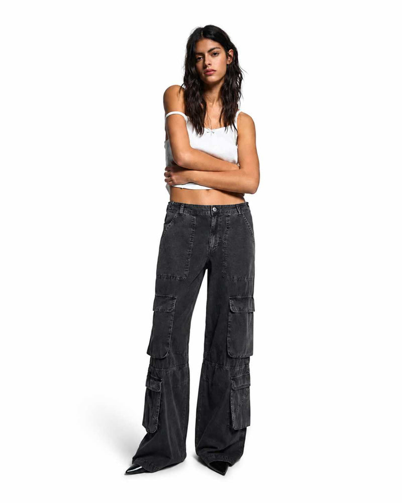 Styled Full Length View Baggy Cargo Wide Leg High Waist Dark Grey Denim Jeans - Eizaro