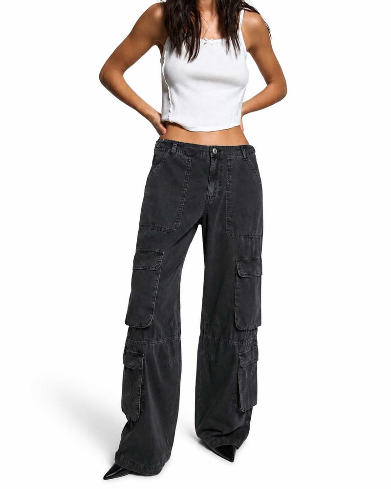 Women's Baggy Cargo Wide Leg High Waist Dark Grey Denim Jeans Front View - Eizaro