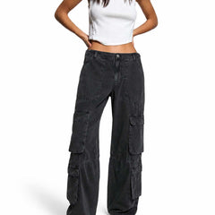 Women's Baggy Cargo Wide Leg High Waist Dark Grey Denim Jeans Front View - Eizaro
