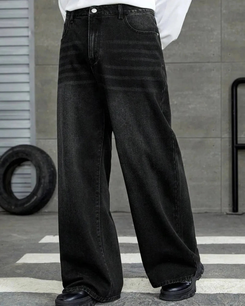 Side profile of Eizaro baggy denim jeans displaying comfortable loose fit for men