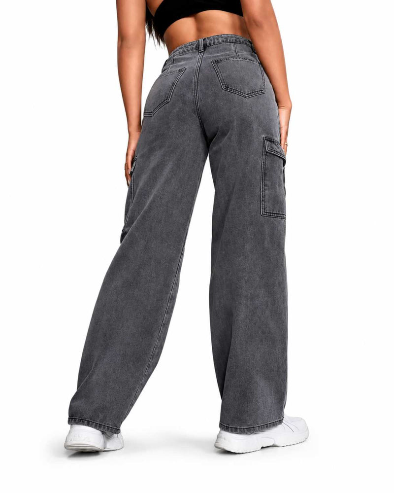 Eizaro Dark Grey Wide Leg Baggy Jeans High Waist Detail Women Pure Denim India