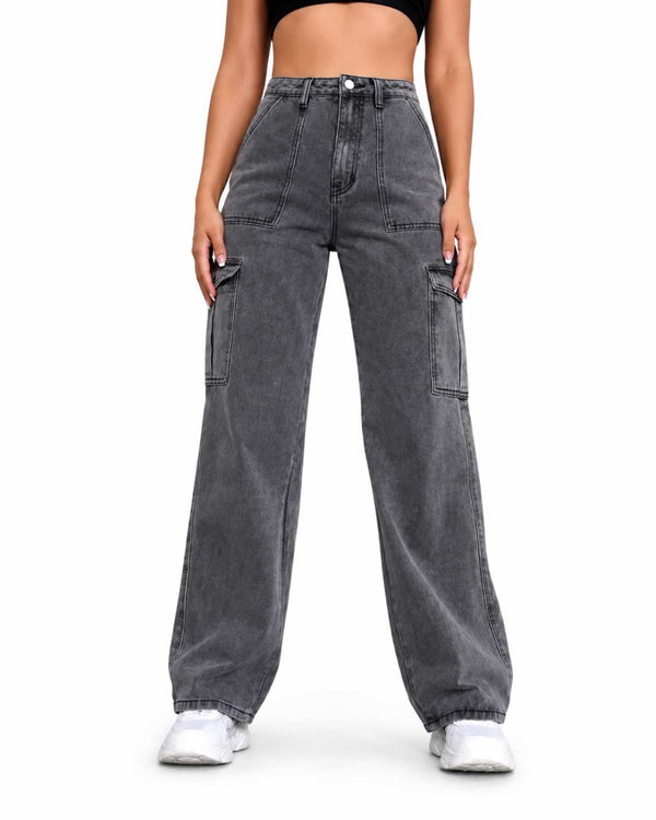 Eizaro Dark Grey Wide Leg Baggy Jeans Front View 100% Pure Denim India