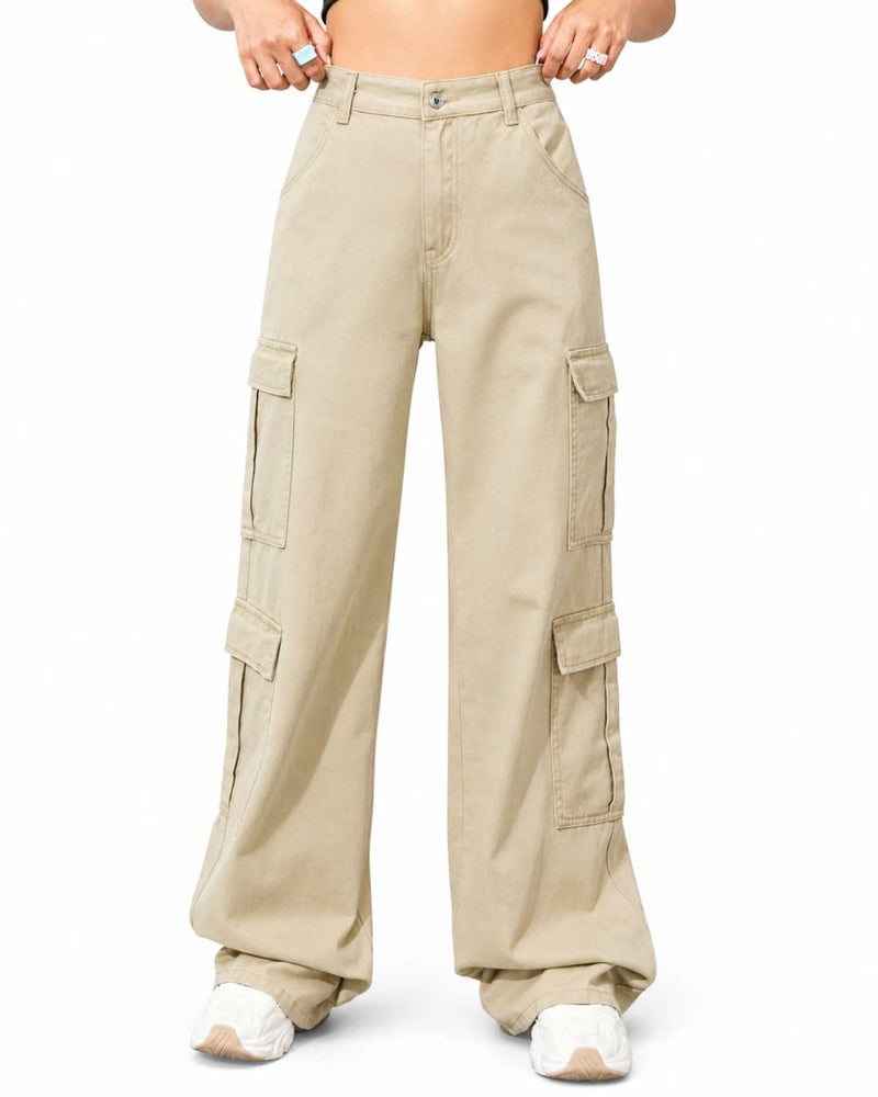 Eizaro Beige 8 Pocket Cargo Wide Leg Jeans Front View 100% Pure Denim Women India