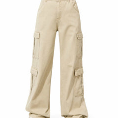 Eizaro Beige 8 Pocket Cargo Wide Leg Jeans Front View 100% Pure Denim Women India