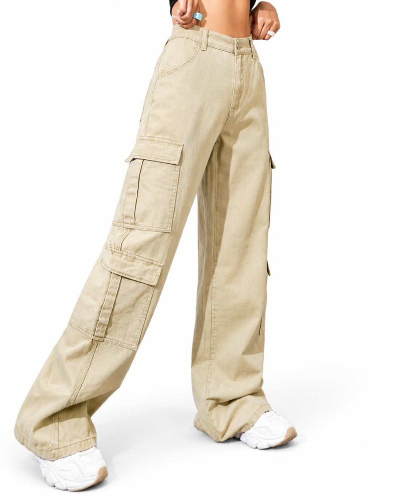 Eizaro Beige 8 Pocket Cargo Wide Leg Jeans Full Length Street Style Women India