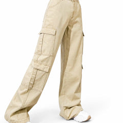 Eizaro Beige 8 Pocket Cargo Wide Leg Jeans Full Length Street Style Women India