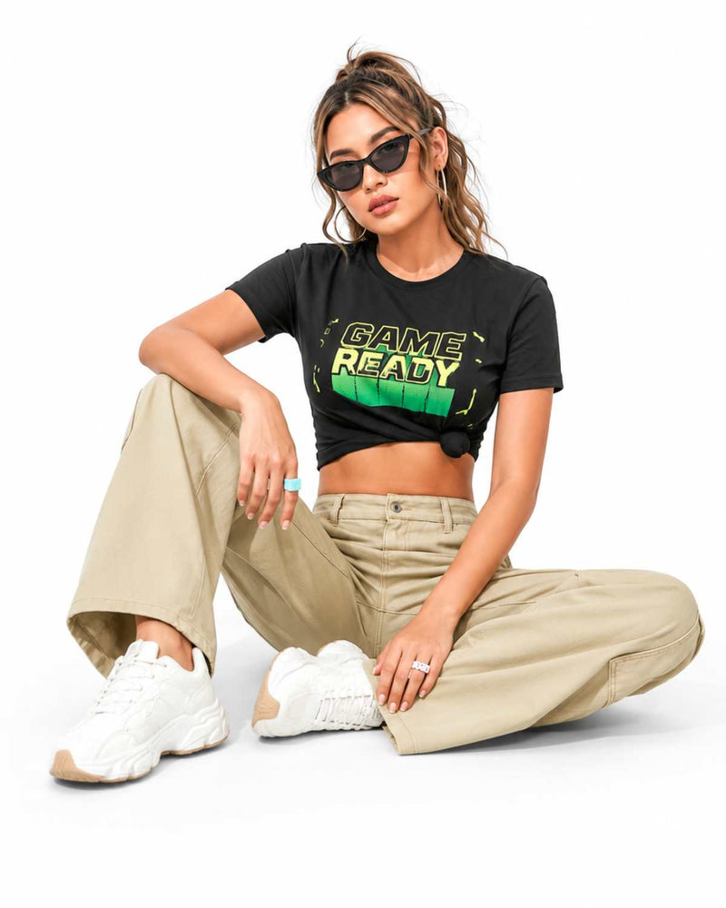 Eizaro Beige 8 Pocket Cargo Wide Leg Jeans Seated Lifestyle Casual Women India