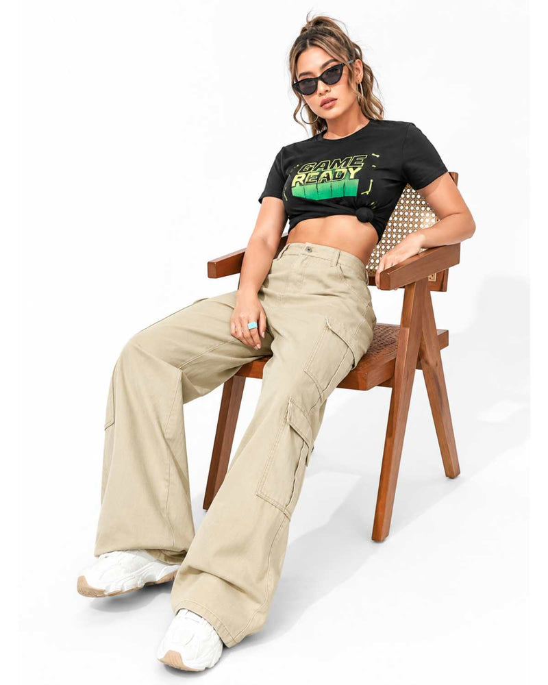 Eizaro Beige 8 Pocket Cargo Wide Leg Jeans Seated Street Style Casual Women India