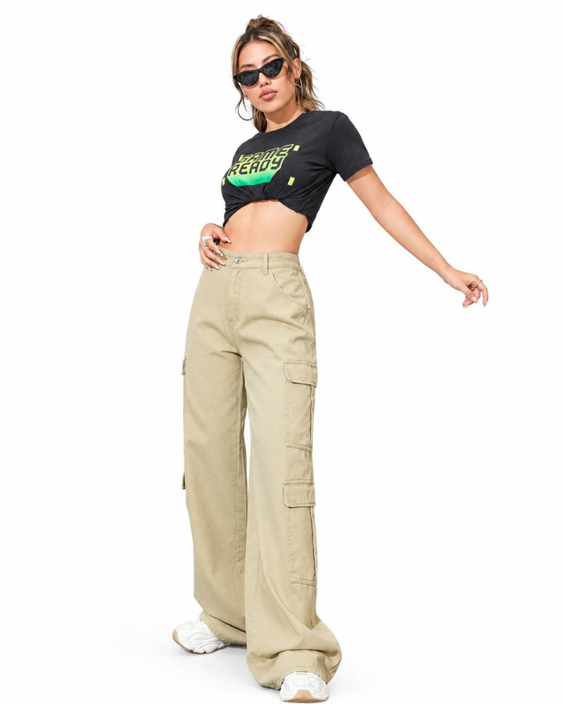 Eizaro Beige 8 Pocket Cargo Wide Leg Jeans Side Angle Full Length Pure Denim Women India