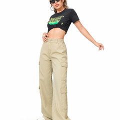Eizaro Beige 8 Pocket Cargo Wide Leg Jeans Side Angle Full Length Pure Denim Women India