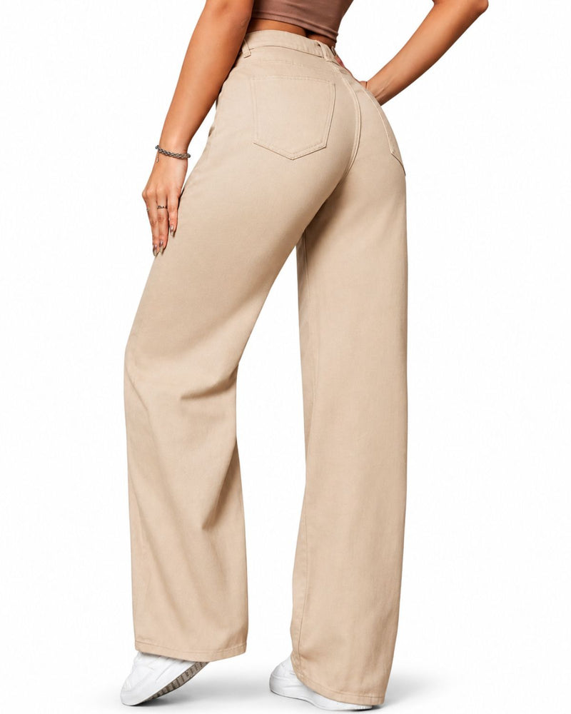 Eizaro Beige Wide Leg High Waist Denim Jeans Back Angle Street Style Women India