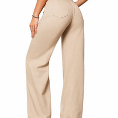 Eizaro Beige Wide Leg High Waist Denim Jeans Back Angle Street Style Women India