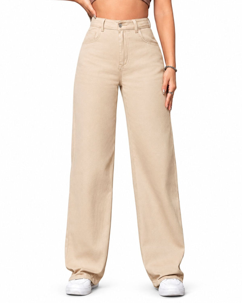 Eizaro Beige Wide Leg High Waist Denim Jeans Front View 100% Pure Denim Women India