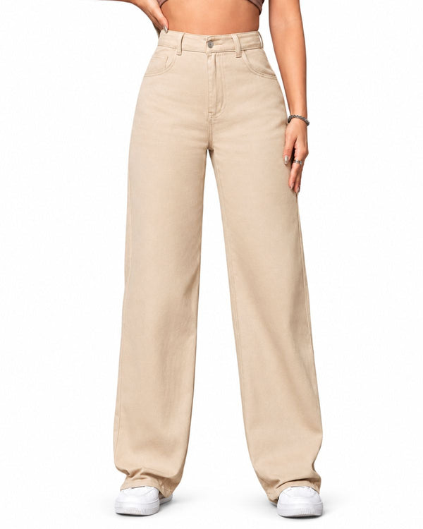 Eizaro Beige Wide Leg High Waist Denim Jeans Front View 100% Pure Denim Women India
