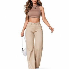 Eizaro Beige Wide Leg High Waist Denim Jeans Side Angle Full Length Pure Denim India