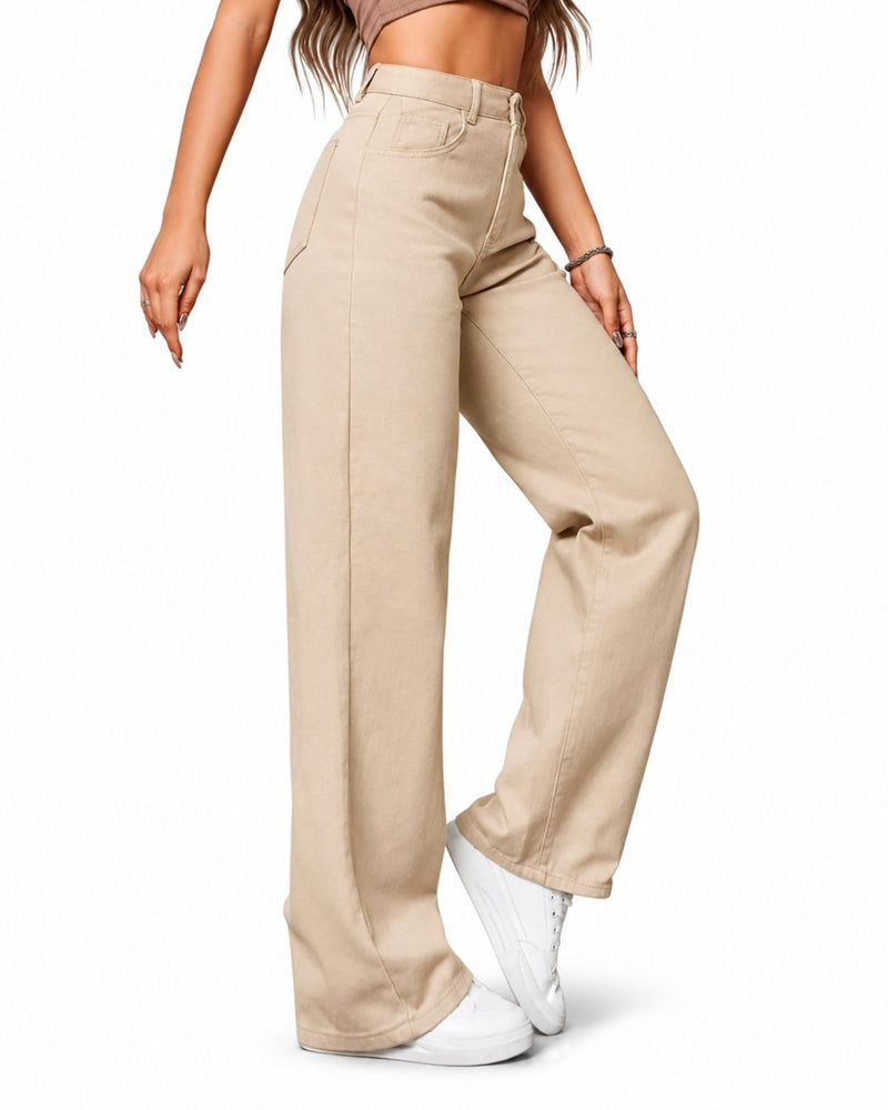 Eizaro Beige Wide Leg High Waist Denim Jeans Side View 41 Inch Pure Denim Women