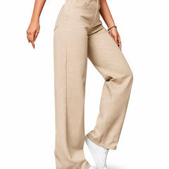Eizaro Beige Wide Leg High Waist Denim Jeans Side View 41 Inch Pure Denim Women