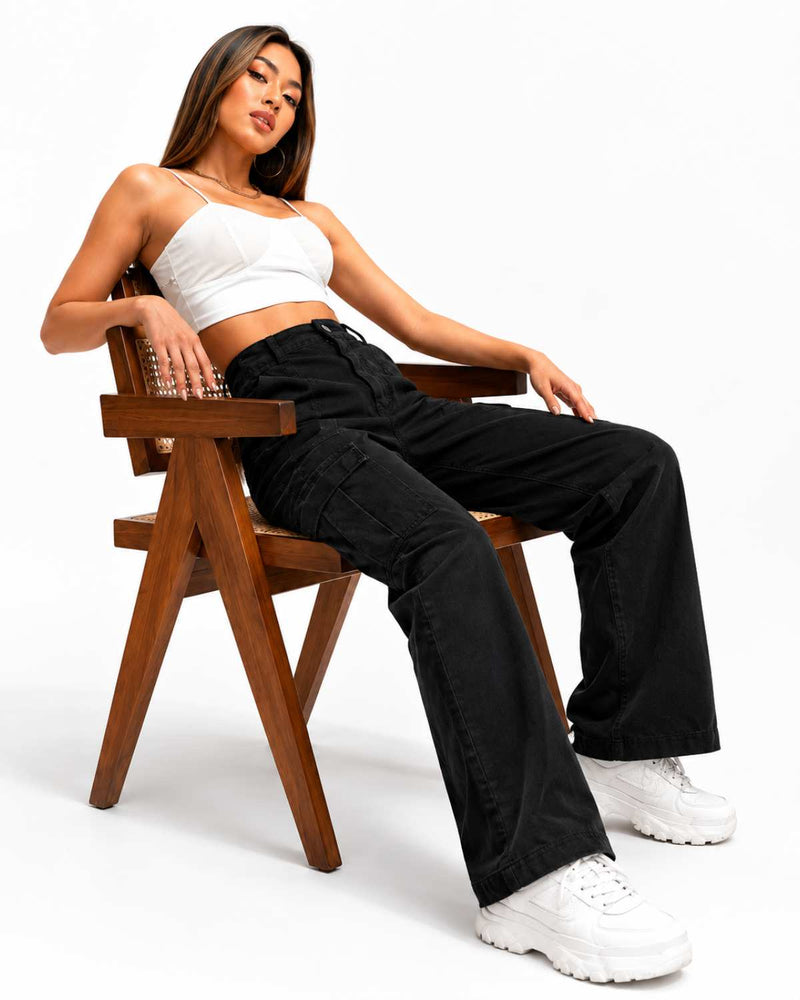 Eizaro Black Cargo Wide Leg Jeans Back Seated Street Style Casual Women India