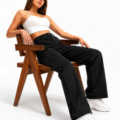 Eizaro Black Cargo Wide Leg Jeans Back Seated Street Style Casual Women India