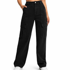 Eizaro Black Cargo Wide Leg High Waist Jeans Front View 100% Pure Denim Women India