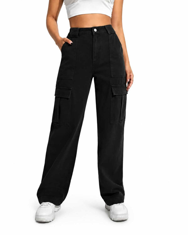 Eizaro Black Cargo Wide Leg High Waist Jeans Front View 100% Pure Denim Women India