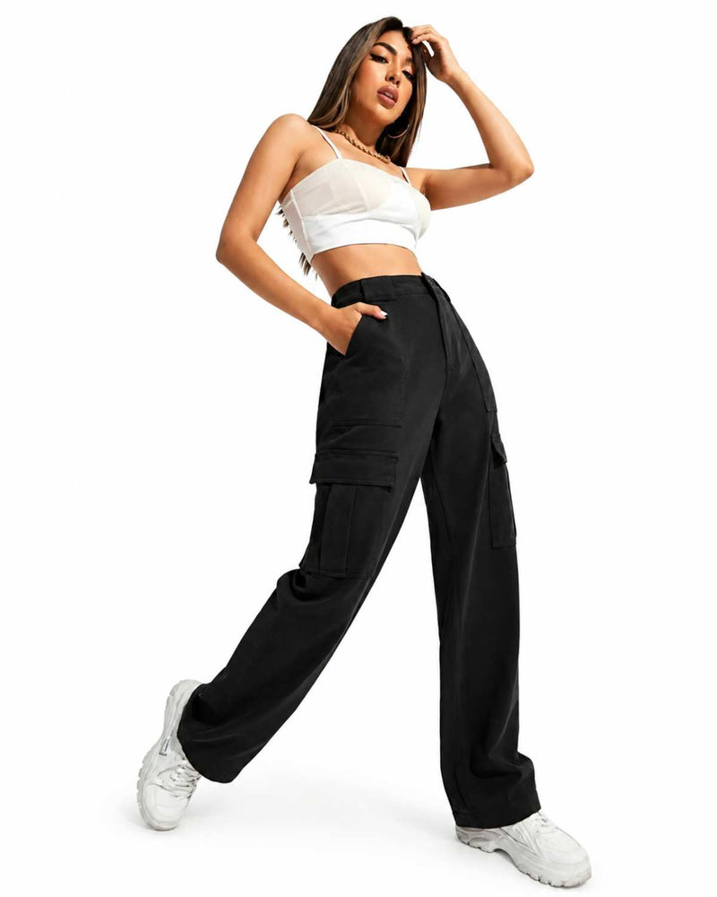 Eizaro Black Cargo Wide Leg Jeans Cargo Pocket Detail High Waist Women India