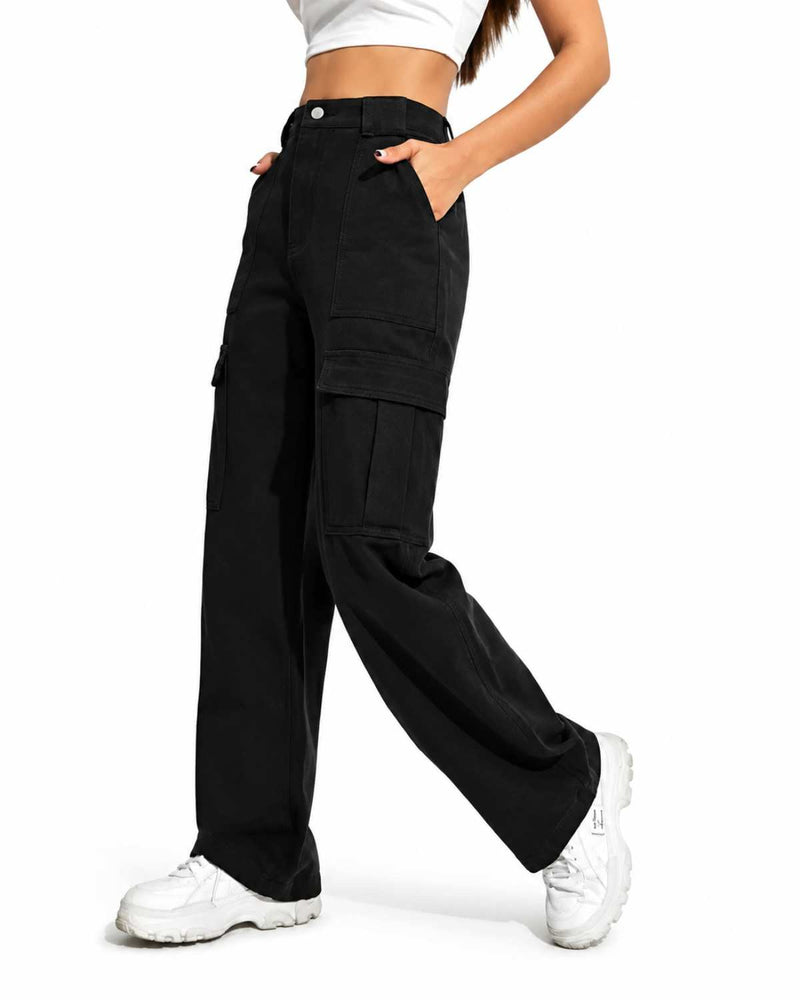 Eizaro Black Cargo Wide Leg High Waist Jeans Side View 41 Inch Pure Denim Women