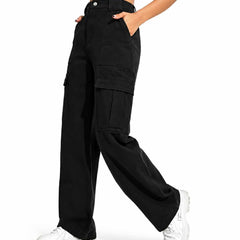 Eizaro Black Cargo Wide Leg High Waist Jeans Side View 41 Inch Pure Denim Women