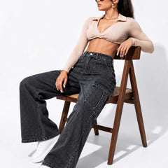 Eizaro Dark Grey Cargo High Rise Wide Leg Jeans Lifestyle Pose Pure Denim Women India