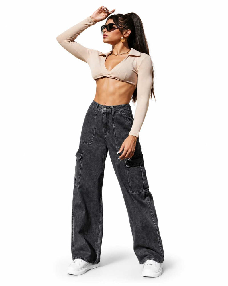 Eizaro Dark Grey Cargo High Rise Jeans Cargo Pocket Detail High Waist Women India