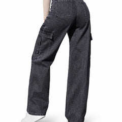Eizaro Dark Grey Cargo High Rise Wide Leg Jeans Side View 41 Inch Pure Denim Women