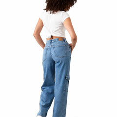 Eizaro Light Blue Cargo Jeans Adjustable Strap Detail High Waist Women India