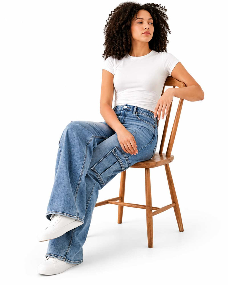 Eizaro Light Blue Wide Leg Cargo Jeans Street Style Casual Denim Women India
