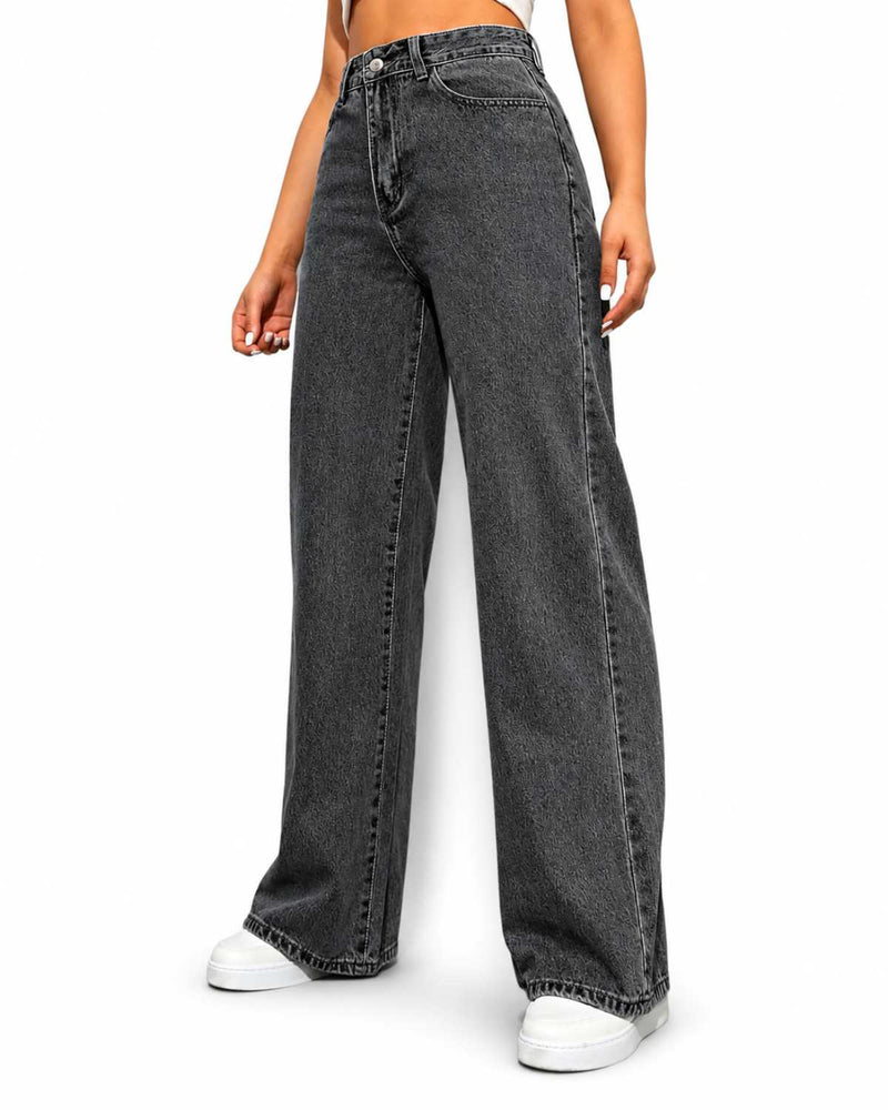 Eizaro Charcoal Grey Wide Leg High Waist Jeans Front View 100% Pure Denim Women India