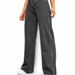 Eizaro Charcoal Grey Wide Leg High Waist Jeans Front View 100% Pure Denim Women India