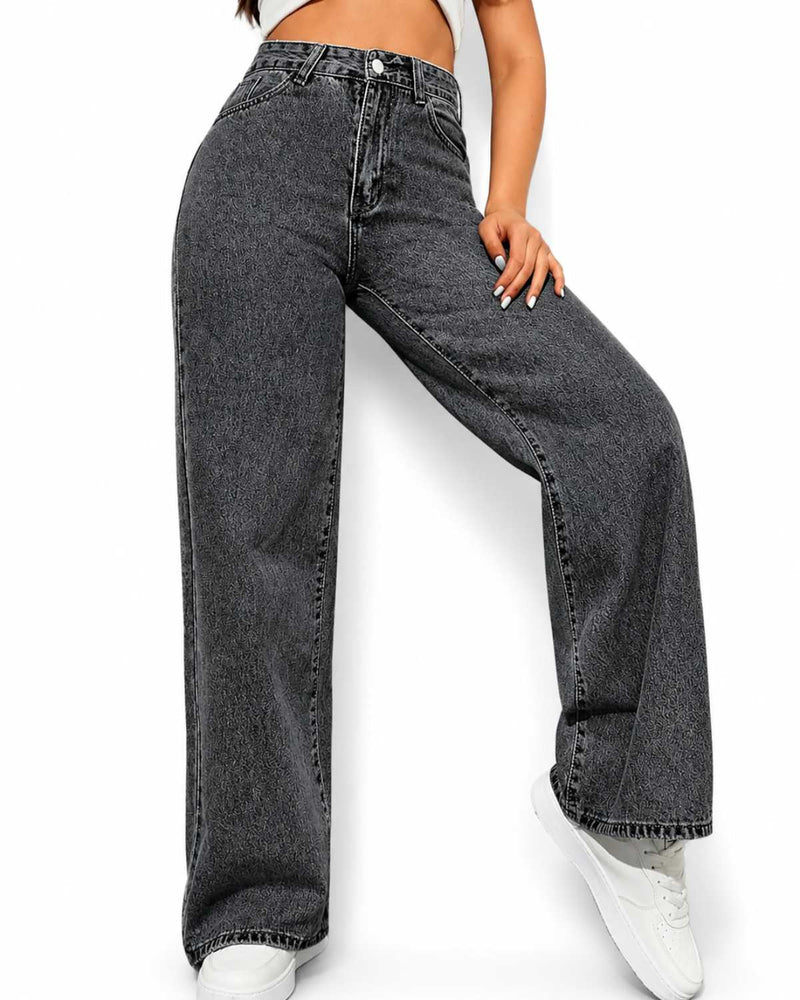 Eizaro Charcoal Grey Wide Leg High Waist Jeans Full Length Street Style Women India