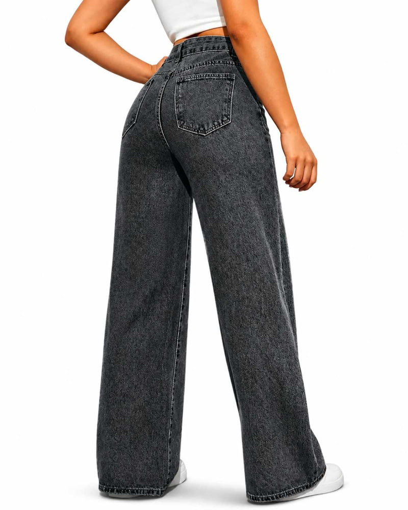 Eizaro Charcoal Grey Wide Leg High Waist Jeans Side Angle Full Length Pure Denim India