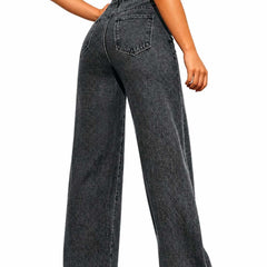 Eizaro Charcoal Grey Wide Leg High Waist Jeans Side Angle Full Length Pure Denim India