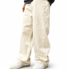 Eizaro Cream Baggy Loose Fit Jeans Men Front View 100% Pure Denim Off White India