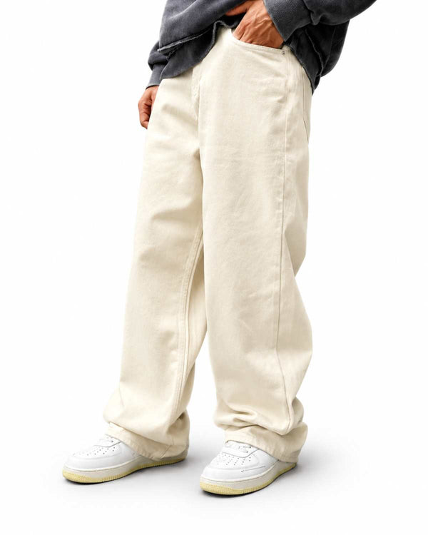 Eizaro Cream Baggy Loose Fit Jeans Men Front View 100% Pure Denim Off White India