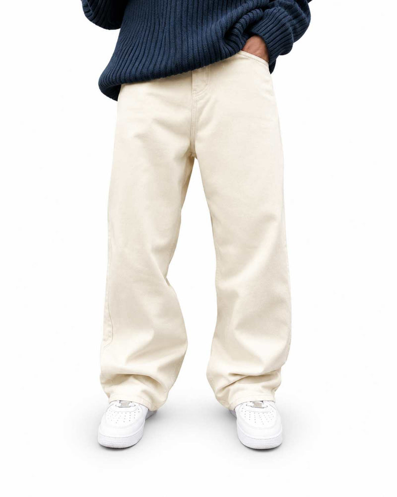 Eizaro Cream Baggy Loose Fit Jeans Men Full Length Street Style Pure Denim India