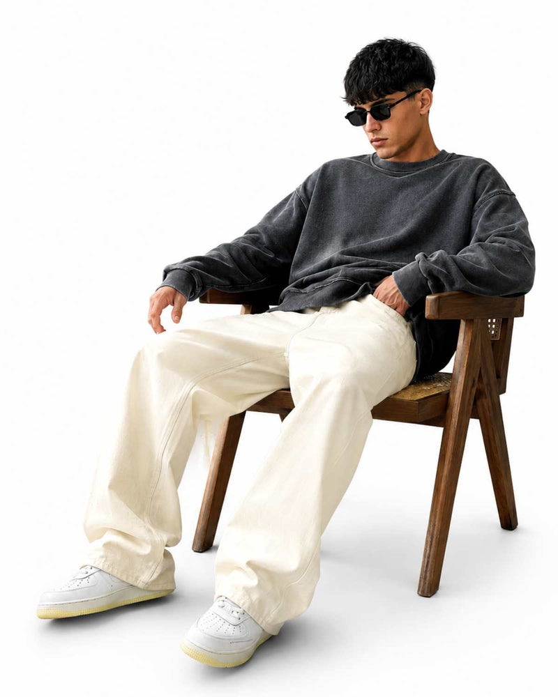Eizaro Cream Baggy Loose Fit Jeans Men Seated Lifestyle Casual Street Style India