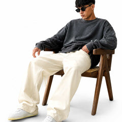 Eizaro Cream Baggy Loose Fit Jeans Men Seated Lifestyle Casual Street Style India