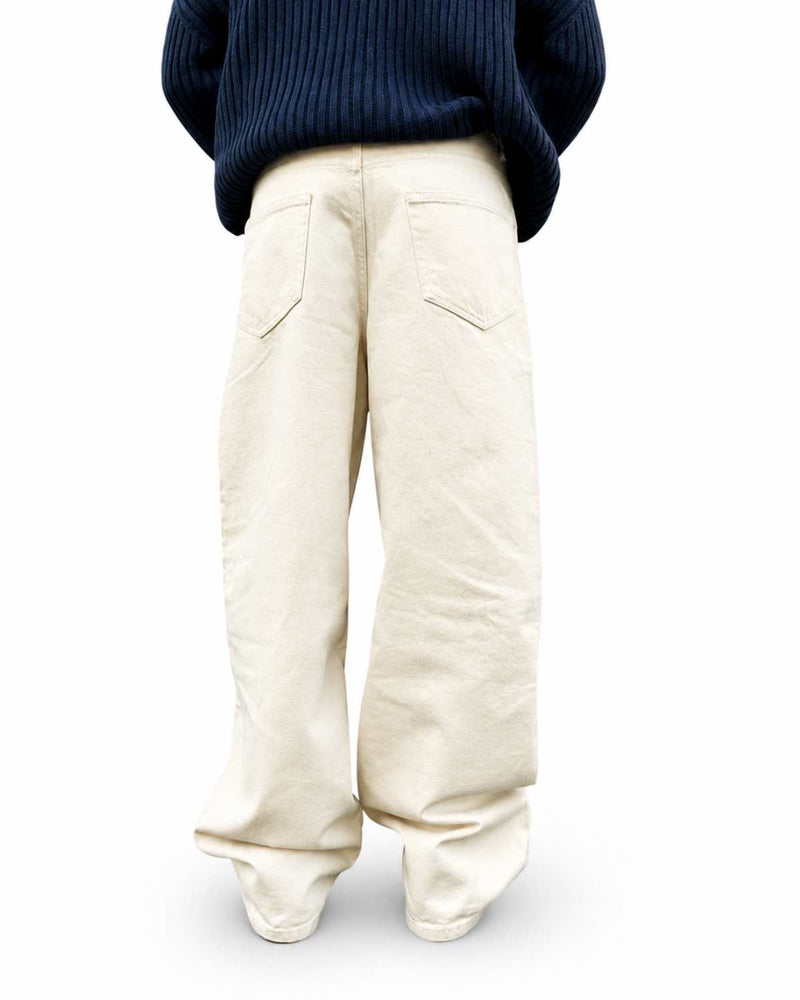 Eizaro Cream Baggy Loose Fit Jeans Men Side Angle Full Length Pure Denim India