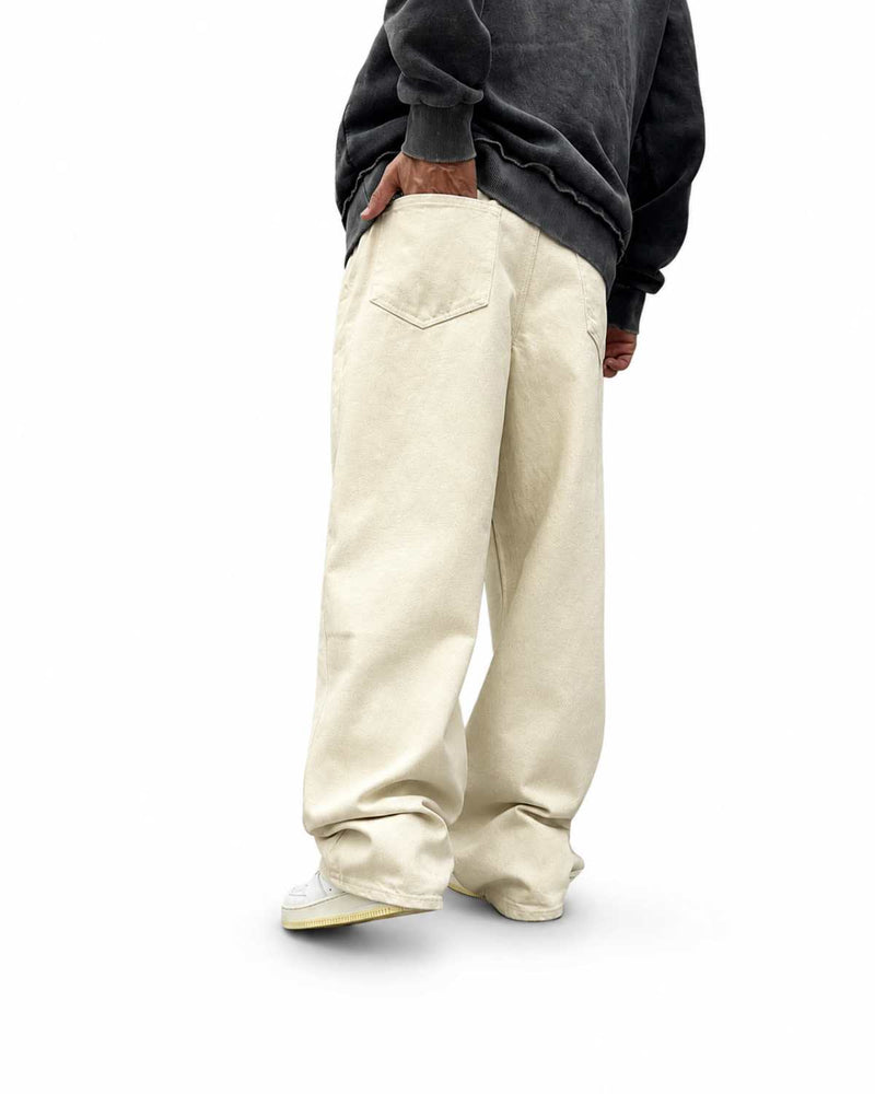 Eizaro Cream Baggy Loose Fit Jeans Men Side View Relaxed Fit Pure Denim India