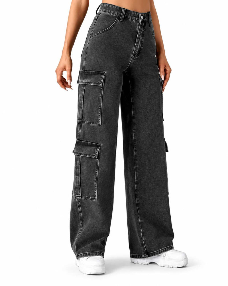 Eizaro Dark Grey 8 Pocket Cargo Wide Leg Jeans Front View 100% Pure Denim Women India