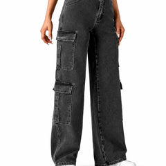 Eizaro Dark Grey 8 Pocket Cargo Wide Leg Jeans Front View 100% Pure Denim Women India