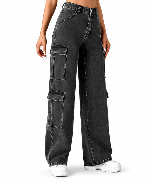 Eizaro Dark Grey 8 Pocket Cargo Wide Leg Jeans Front View 100% Pure Denim Women India